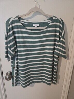 J. Jill Green and White Striped Short Sleeve Tee